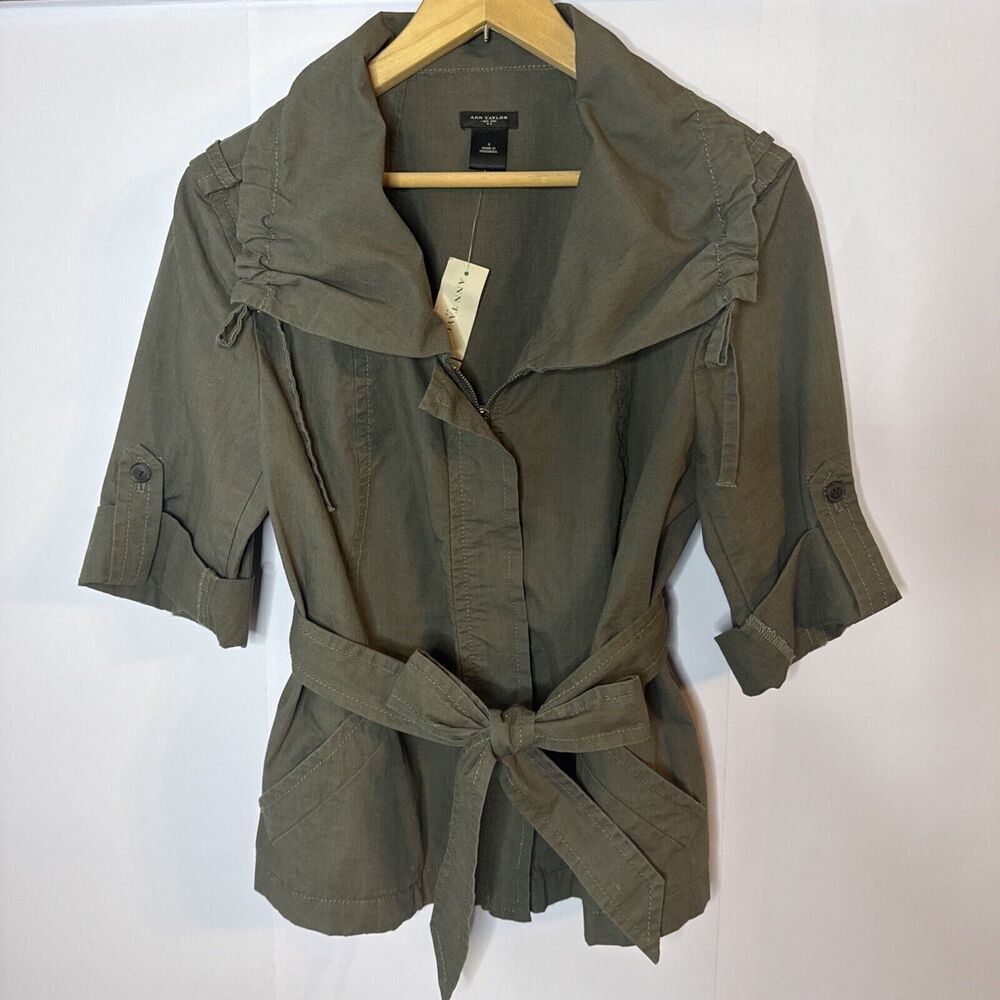 Ann Taylor Utility Jacket Womens 4 Zip Up Belted Army Green Lightweight Classic‎ - Picture 2 of 9